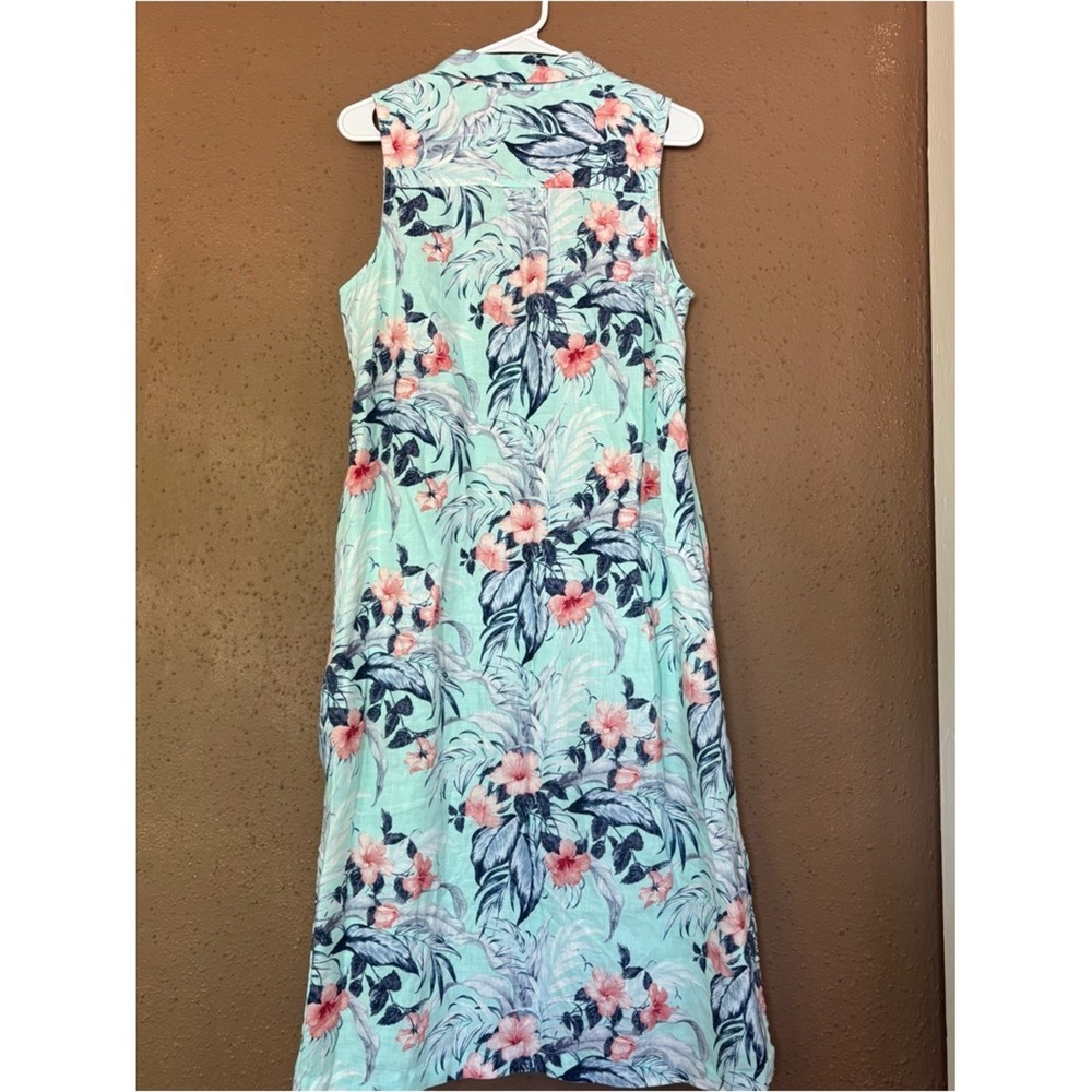 Tommy Bahama Women 100%Linen Tropical Floral Button Front Midi Dress Aqua Blue m - Picture 6 of 9